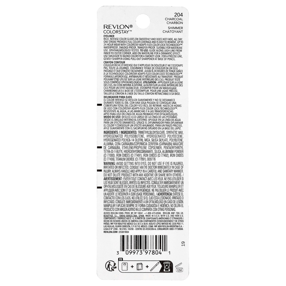Revlon, Colorstay™, подводка-карандаш для глаз, сияющий, оттенок 204 древесный уголь, 0,28 г (0,01 унции)