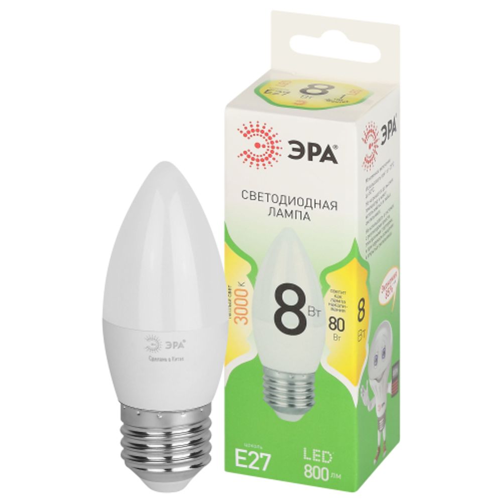 Лампа светодиодная ЭРА GREEN LINE LED B35-8W-830-E27 GL E27 8 Вт свеча теплый свет | Лампы cветодиодные Свеча (B/C)
