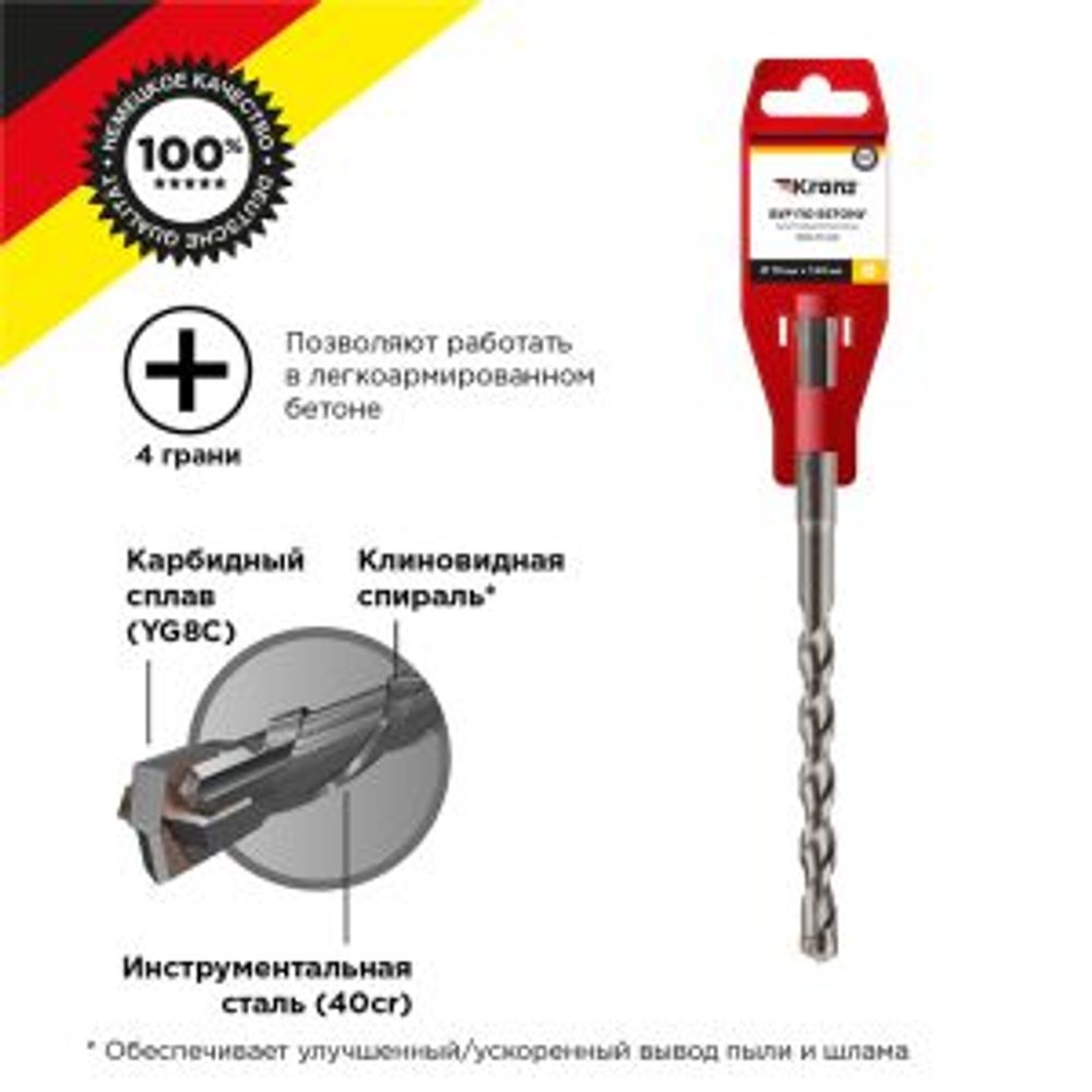 Бур по бетону 10x160x100мм, крестовая пластина, хвостовик SDS-plus KRANZ