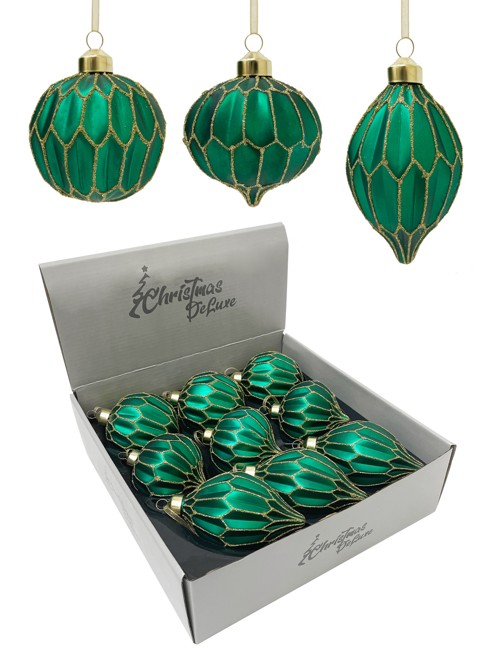 Набор елочных игрушек 8см 9шт ChristmasDeLuxe изумрудный с золотым узором