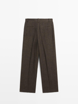 Massimo Dutti Меланжевые льняные брюки с вытачками, серо-коричневый