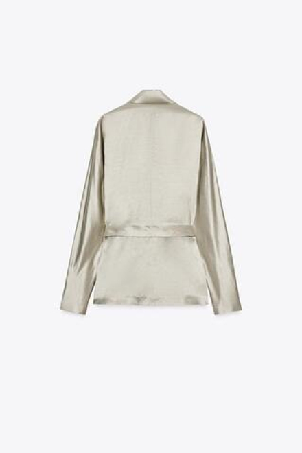 ZARA АТЛАСНЫЙ БЛЕЙЗЕР С ПОЯСОМ — ZW COLLECTION LIMITED EDITION, КАМЕННО-СЕРЫЙ