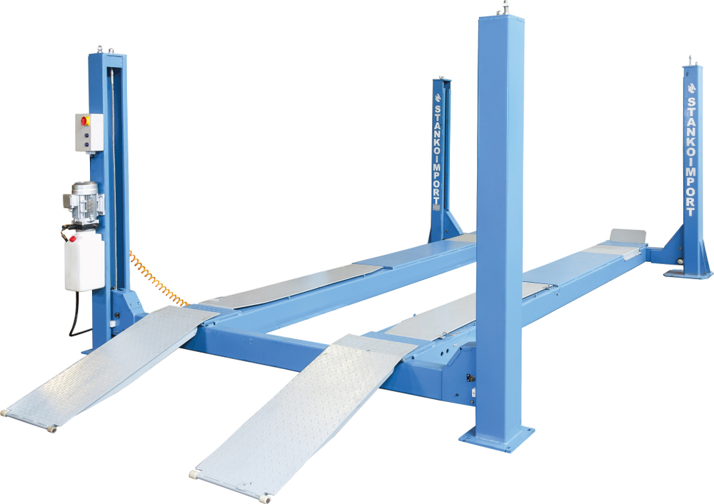 Подъемник 4-х стоечный электрогидравлический на 4, 5 тонны с П-образ. платформой, сход-развал, 380В