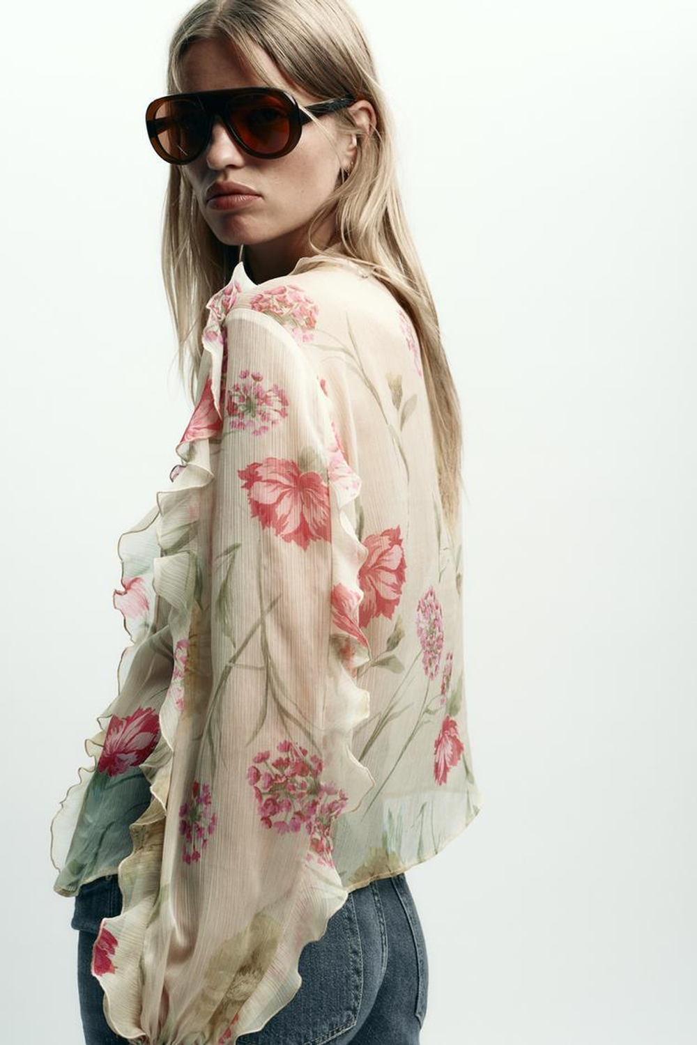ZARA ПОЛУПРОЗРАЧНАЯ РУБАШКА С ЦВЕТОЧНЫМ ПРИНТОМ, РАЗНОЦВЕТНЫЙ