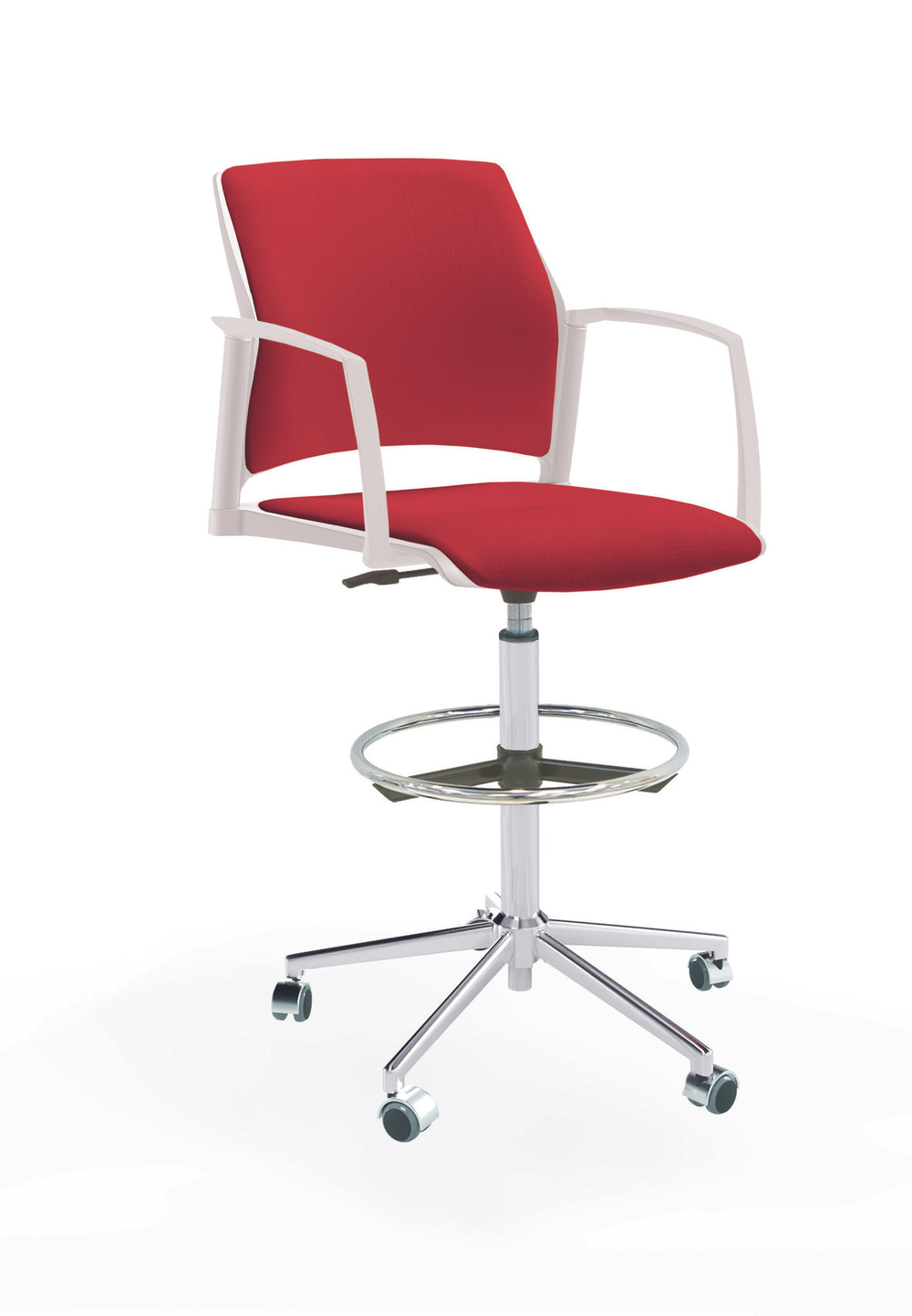 Кресло Rewind каркас хром, пластик белый, база стальная хромированная, с закрытыми подлокотниками, сиденье и спинка красные