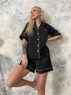 Пижама ПЖК - 665 с рубашкой и шортиками (атлас, черный)