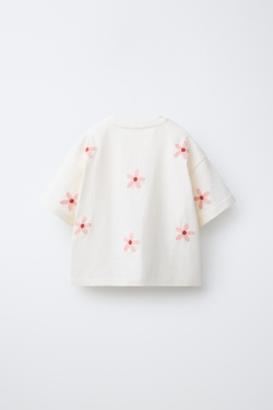 ZARA ФУТБОЛКА С ВЫШИТЫМИ ЦВЕТАМИ, ЭКРЮ