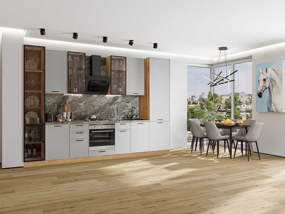 Прямая модульная кухня Фрейм-06 Grey Silk - Дуб Вотан 2340*3400*600