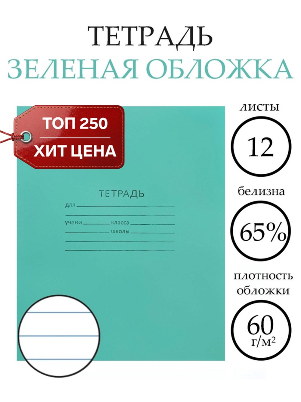 Тетрадь 12 листов в линейку «Зелёная обложка»