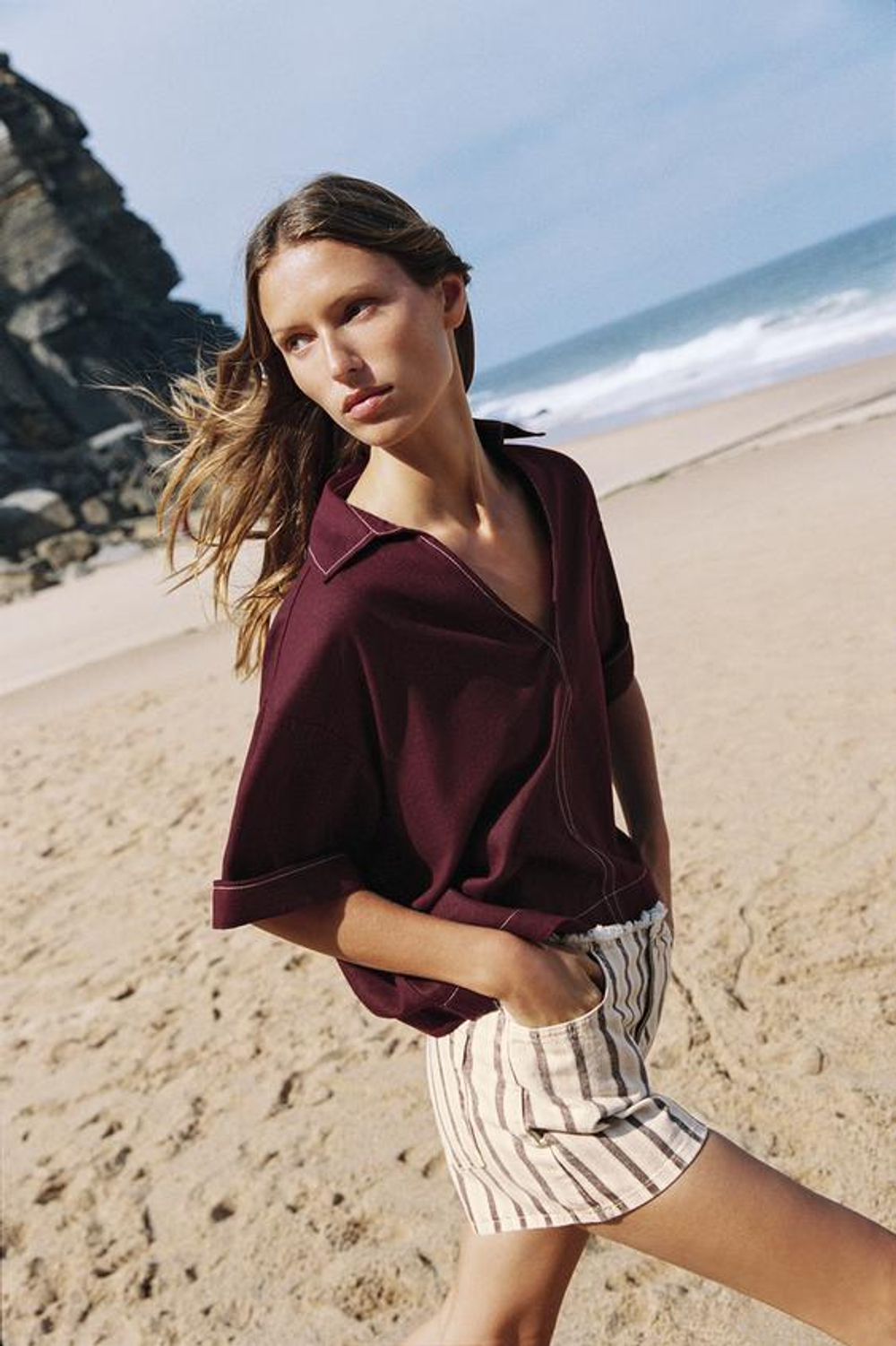 ZARA ТОП ИЗ ЛЬНА С КОНТРАСТНОЙ ОТДЕЛКОЙ, БУРГУНДИ