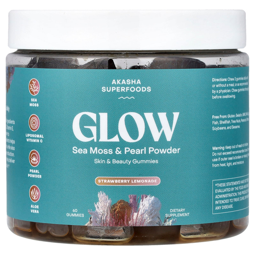 Akasha Superfoods, Glow, порошок из морского мха и жемчуга, со вкусом клубничного лимонада, 60 жевательных таблеток