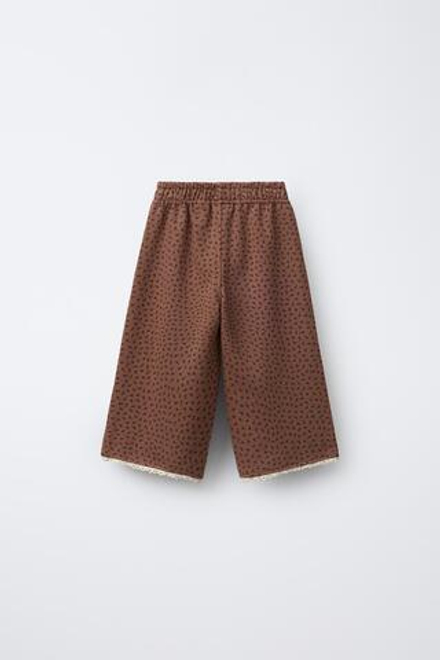 ZARA БРЮКИ-КЮЛОТЫ ИЗ МЯГКОЙ ТКАНИ С ПРИНТОМ И КРУЖЕВОМ, ШОКОЛАДНЫЙ