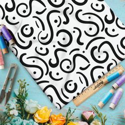 Ткань футер 2-х нитка чёрные витиеватые  узоры на бежевом фоне