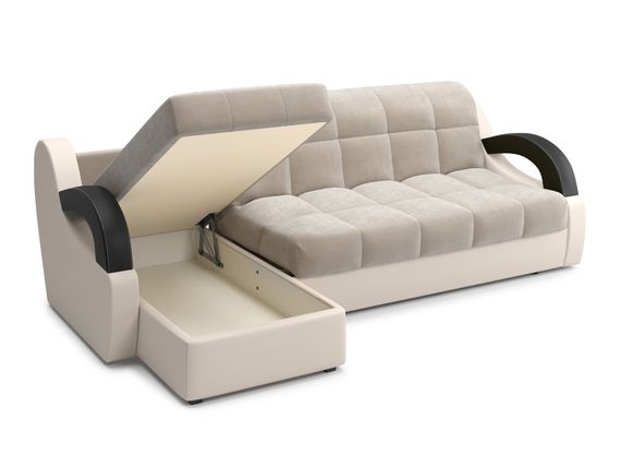 Диван угловой с оттоманкой Мадрид 1,6 - Velutto 17 бежевый/беж кожзам/ коричневая накладка