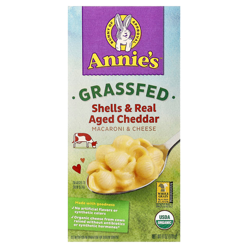 Annie's Homegrown, макароны травяного откорма с сыром, ракообразные и выдержанный чеддер, 170 г (6 унций)