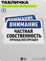 Табличка для частной территории "Внимание, частная собственность", на дом, для участка, организаций, предупреждающая, 40х30 см, Silver Plane x Айдентика Технолоджи