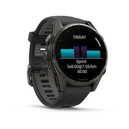 Мультиспортивные GPS часы Garmin Fenix 8S (43 mm) AMOLED, Sapphire Carbon Gray DLC Titanium with Black/Pebble Gray Silicone 010-02903-21