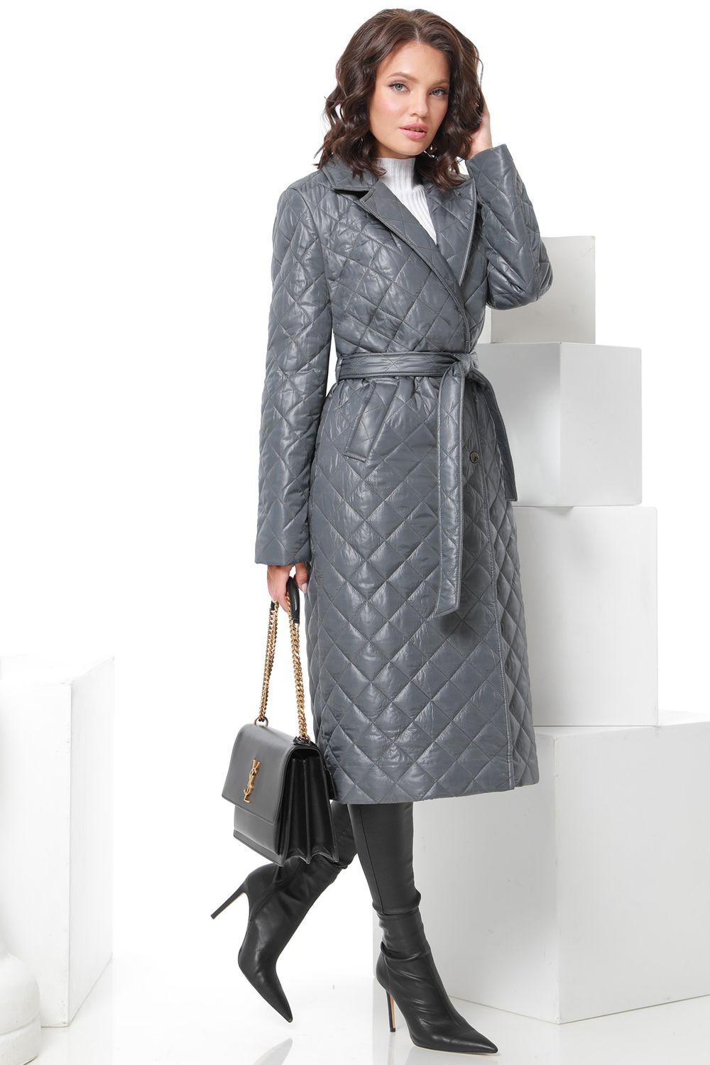 Пальто стеганое серое с поясом DStrend (Акция)