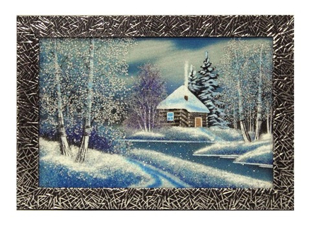 Картина№3 " Зимняя дорога" рисованная камнем в пластиковом багете 34.5-24.5см