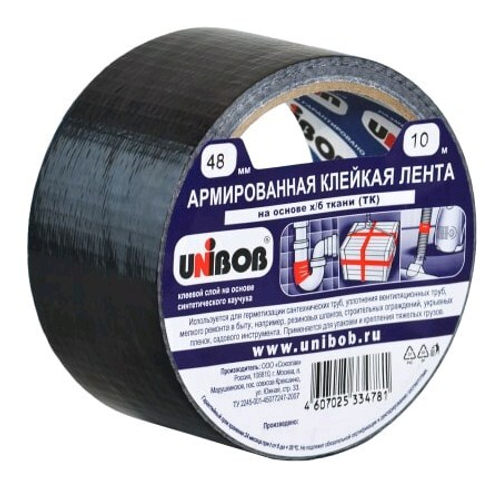 Лента клейкая армированная  х/б основа   48*10м   черная     Инд. уп. Unibob  /40766