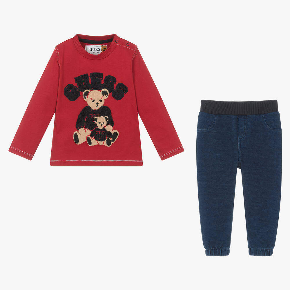 Футболка с длинным рукавом + брюки трикотажные GUESS Красный/Аппликация: 2 мишки//Синий/На кармане: вышивка: мишка Мальчик