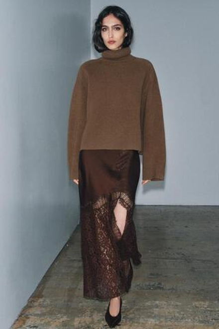 ZARA АТЛАСНАЯ ЮБКА С КРУЖЕВОМ ZW COLLECTION, КОРИЧНЕВЫЙ