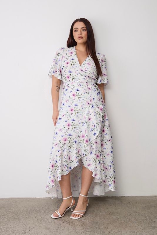 Платье на запах с воланами, цветочный принт