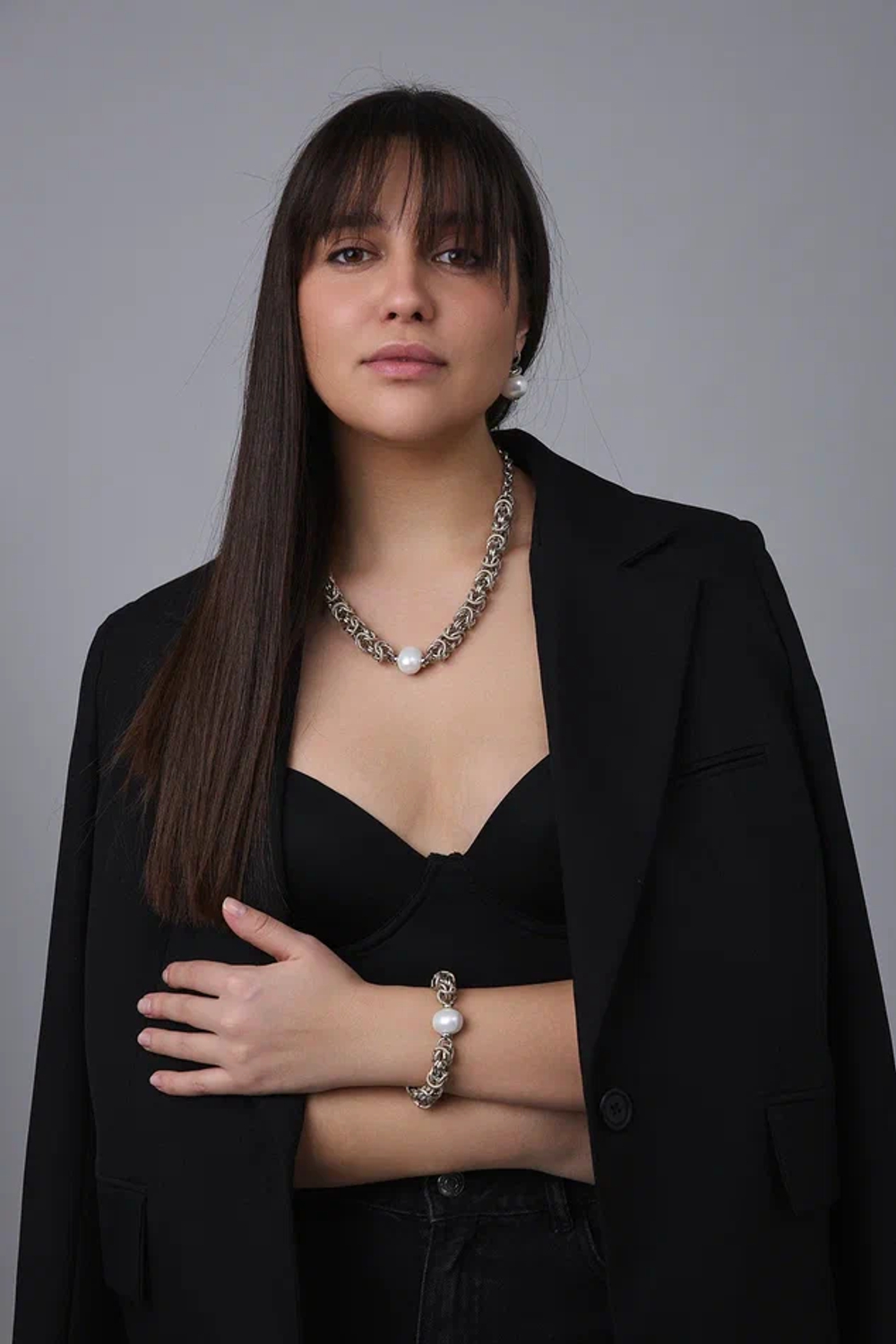 Колье Византия с белым жемчугом Майорка, оттенок серебро