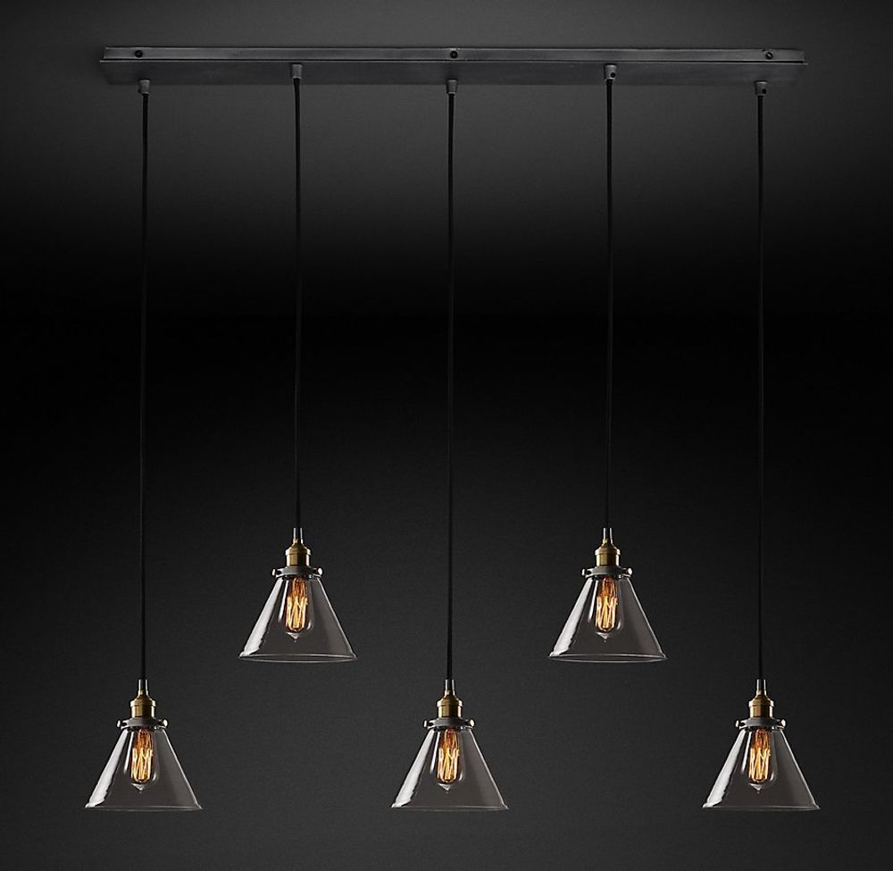 Подвесной дизайнерский светильник  20th C. Factory Filament Smoke Glass Funnel Rectangular Pendant by Restoration Hardware