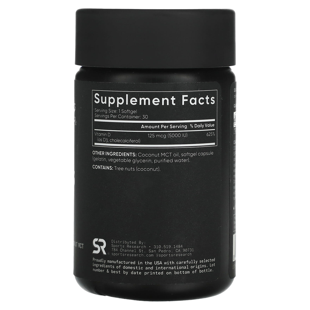Sports Research, витамин D3, 125 мкг (5000 МЕ), 30 капсул