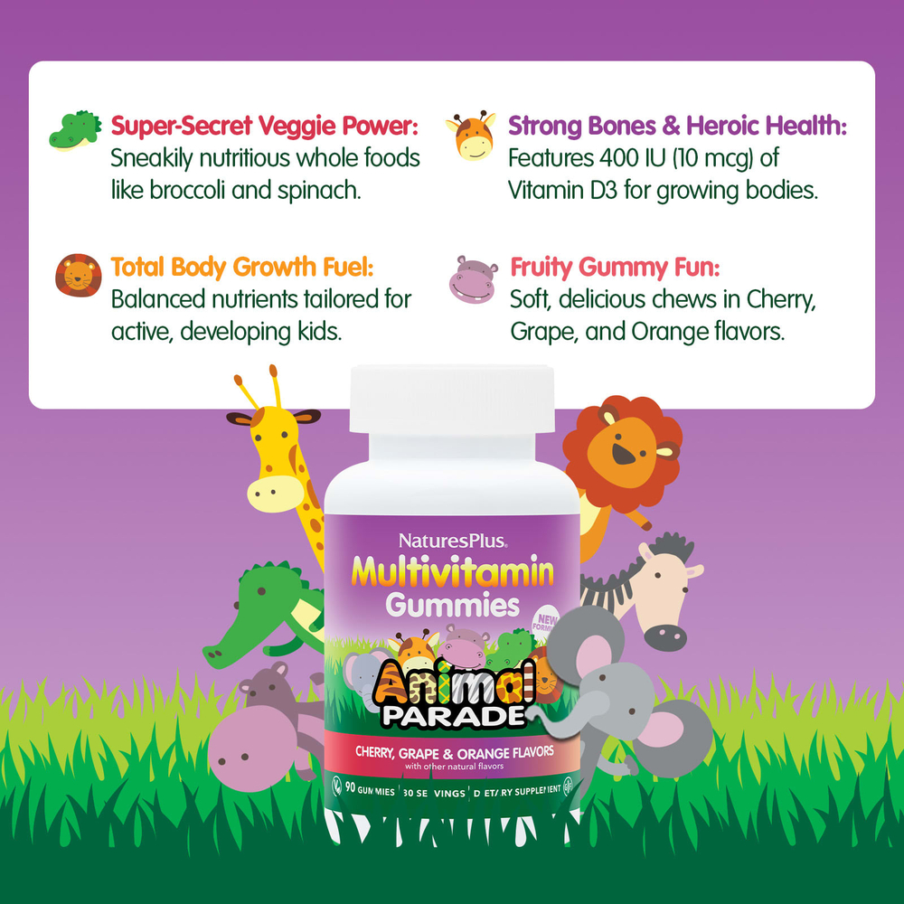 NaturesPlus, Animal Parade®, мультивитамины, со вкусом вишни, винограда и апельсина, 90 жевательных таблеток