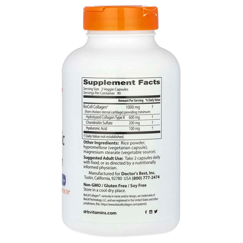 Doctor's Best, гиалуроновая кислота и сульфат хондроитина, 180 вегетарианских капсул