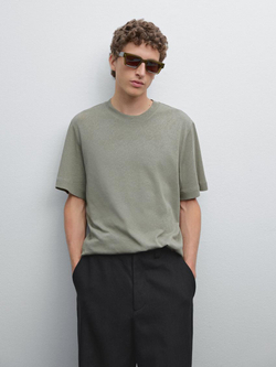 Massimo Dutti Футболка с коротким рукавом из смесового льна, водянисто-зеленый