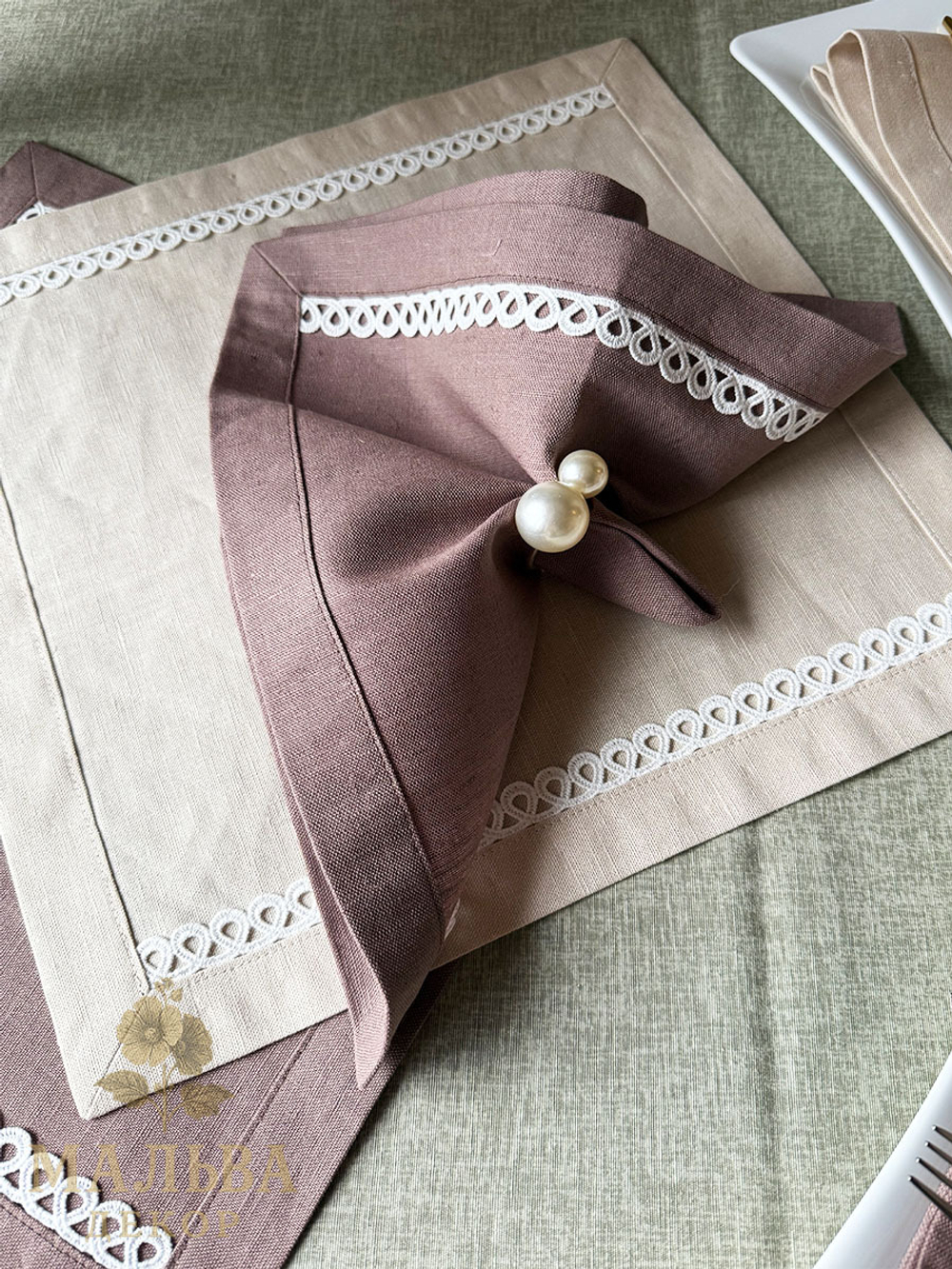 Комплект декоративные салфеток 6 штук, лен с кружевом