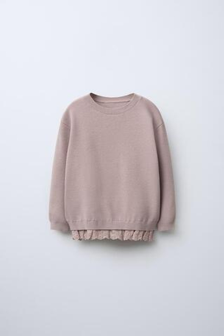 ZARA СВИТЕР С ОТДЕЛКОЙ КРУЖЕВОМ, ТЕЛЕСНО-РОЗОВЫЙ