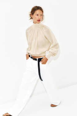 ZARA БЛУЗА СВОБОДНОГО КРОЯ ИЗ КОМБИНИРОВАННОГО ТРИКОТАЖА, ПЕСОЧНЫЙ