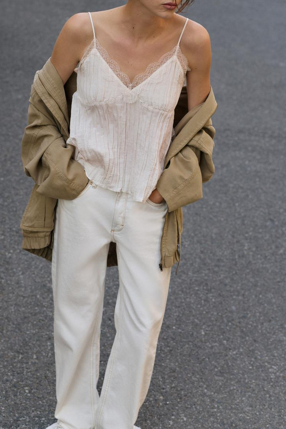 ZARA ТОП В БЕЛЬЕВОМ СТИЛЕ ИЗ ЖАТОЙ ТКАНИ, ЭКРЮ