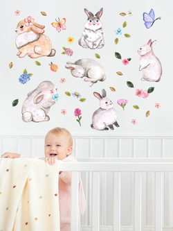 Детские акварельные интерьерные наклейки зайчики с цветами на стены, мебель и ровные поверхности