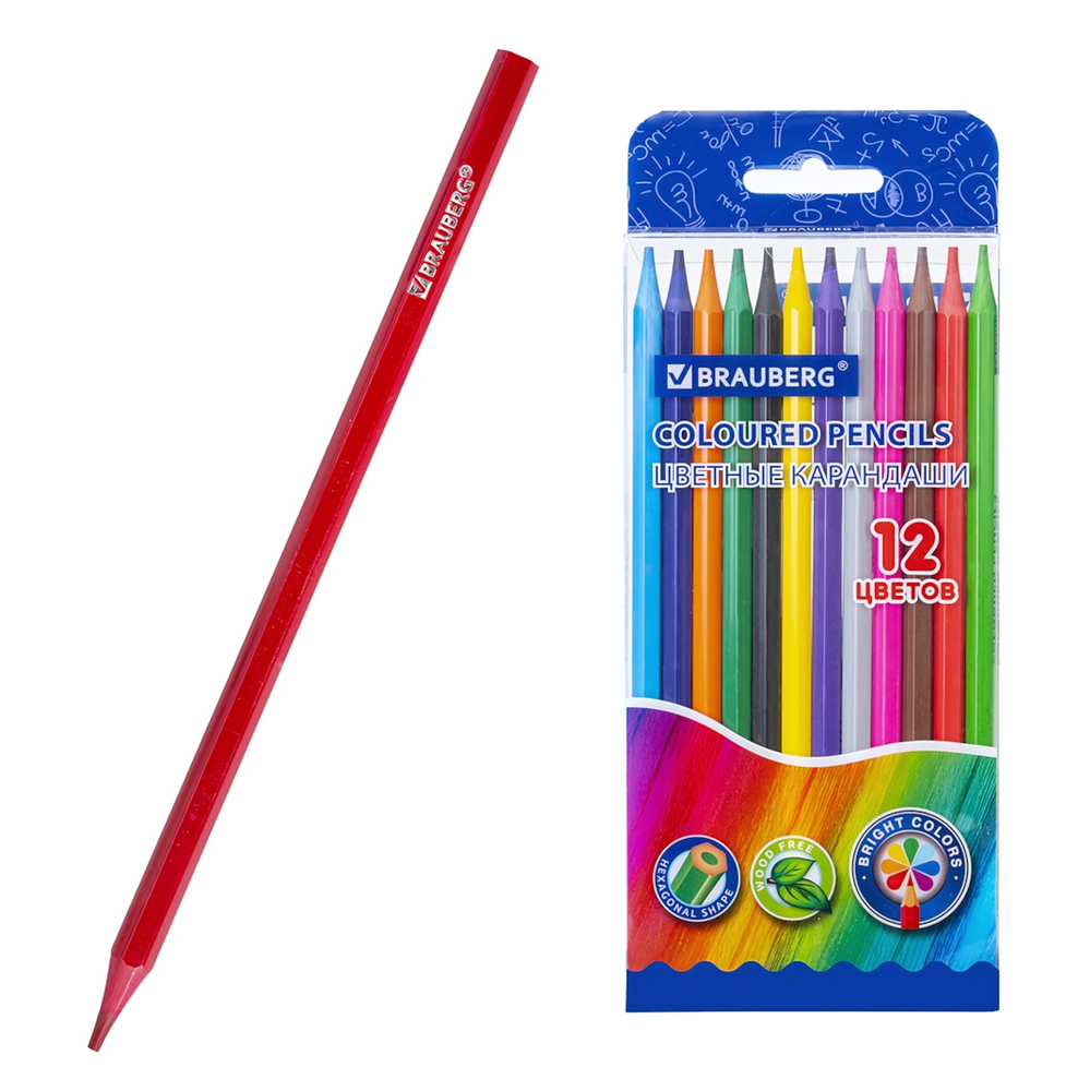 Карандаши 12цв. пластик, шестигранные (Brauberg)