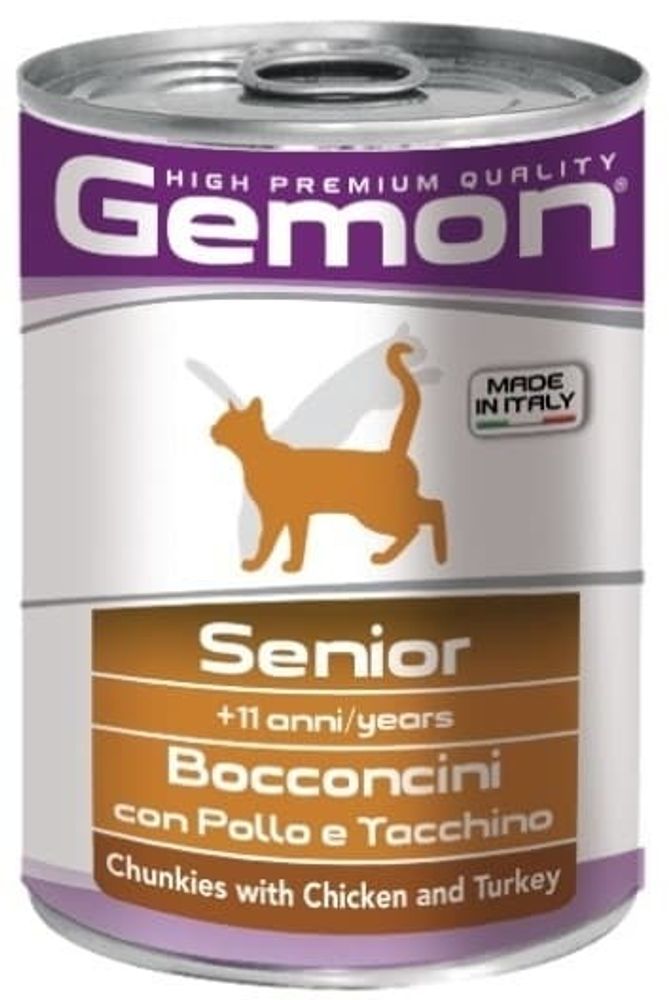 Gemon 415г Cat консервы для пожилых кошек кусочки курицы с индейкой