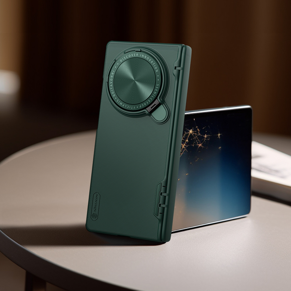 Чехол зеленого цвета (Dark Green) от Nillkin с откидной защитной крышкой для камеры на Vivo X Fold 3, серия Super Frosted Shield Prop