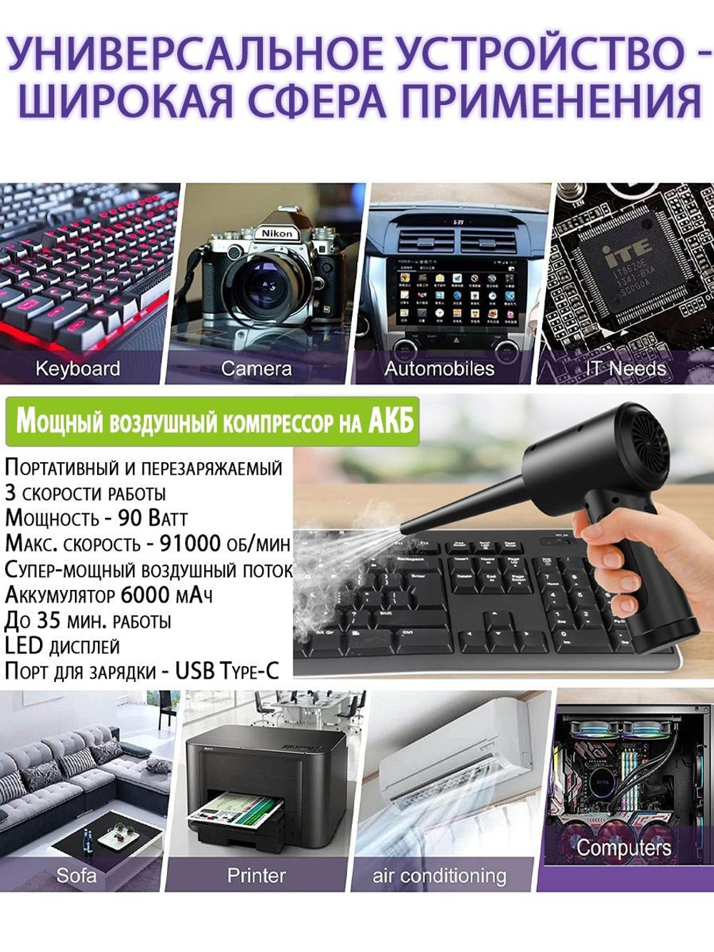Многофункциональный воздушный портативный компрессор 90 Вт
