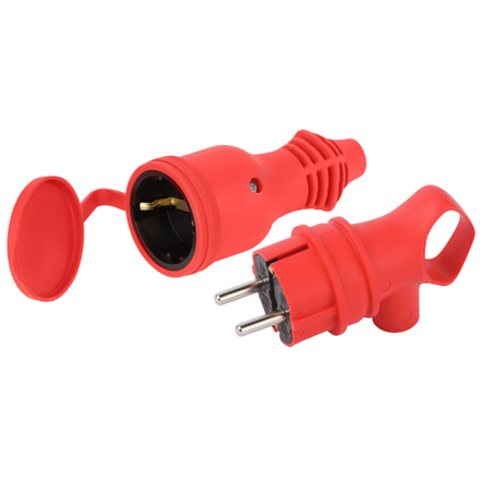 Набор вилка+розетка ЭРА VX12-R-IP44 + RX11-R-IP44 каучуковые c заземлением 16А IP44 с кольцом угловая красная