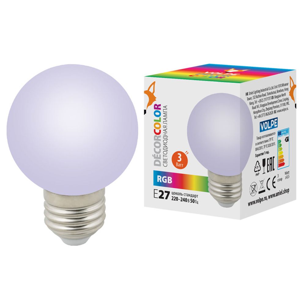 LED-G60-3W-RGB-E27-FR-С Лампа декоративная светодиодная. Форма шар. матовая. Цвет RGB. Картон. ТМ Volpe.