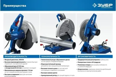 Отрезная пила ЗУБР ПО-355 Профессионал / дискаd 355 мм, мощность 2400 Вт, посадочный диаметр диска 25.4 мм, число оборотов 3900 об/мин, кабель 2 м / пильный инструмент