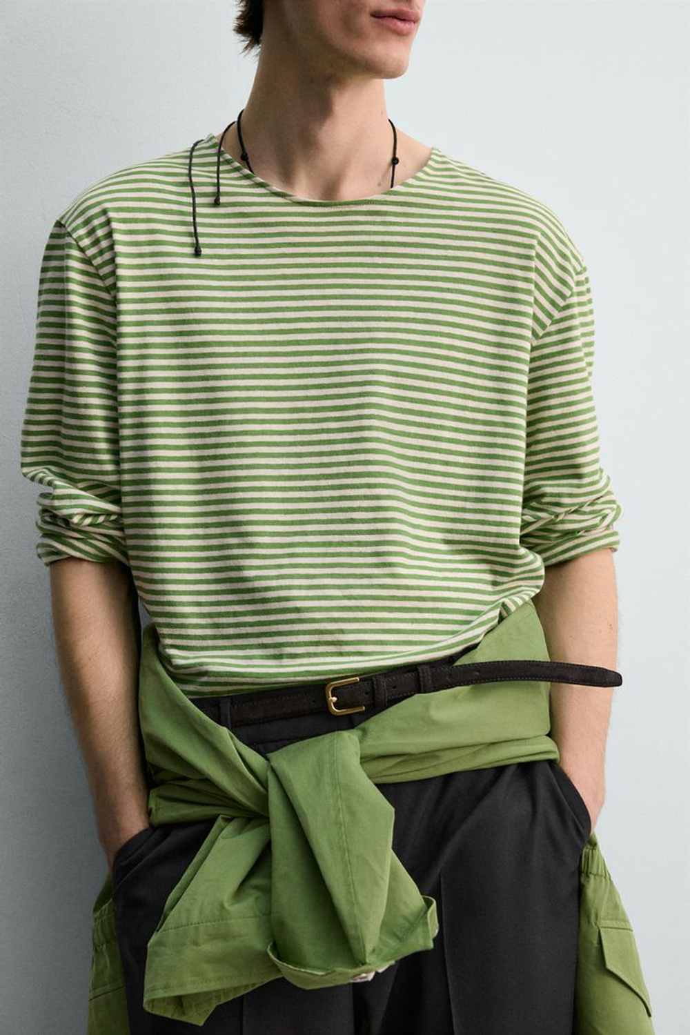 ZARA ЖАККАРДОВАЯ ФУТБОЛКА В ПОЛОСКУ, ЗЕЛЕНЫЙ