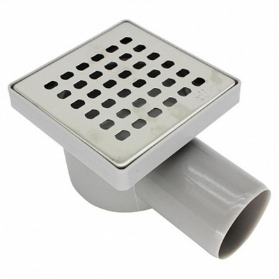 ST2210 Трап квадратный горизонтальный 100х100 мм с глянцевой нерж. решеткой, сухой затвор, выпуск 50мм