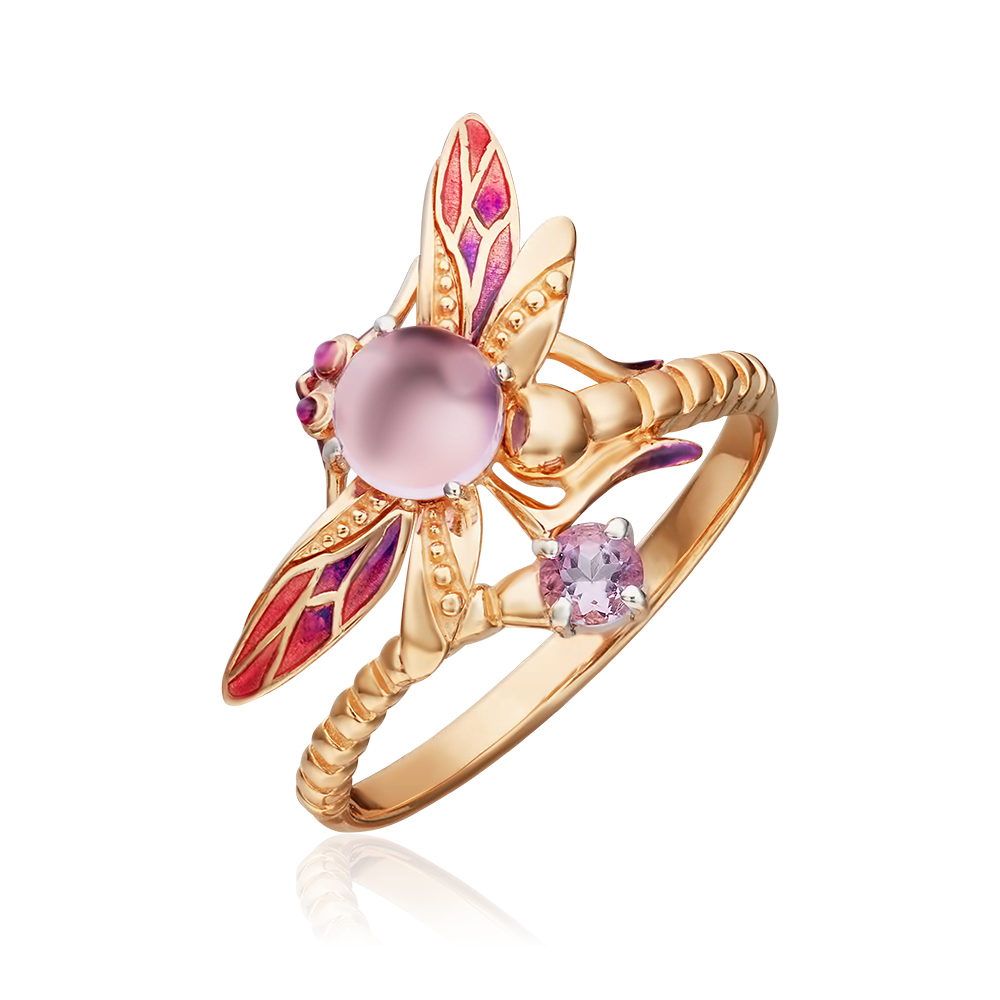 Кольцо «Стрекоза» из красного золота с аметистами и эмалью