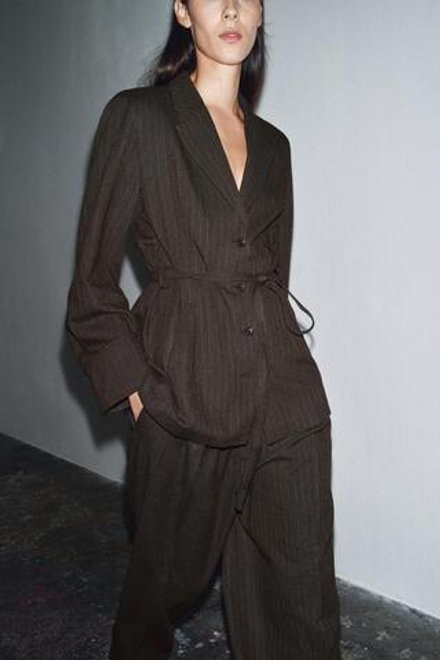 ZARA БЛЕЙЗЕР В ЕЛОЧКУ С ПОЯСОМ — ZW COLLECTION, КОРИЧНЕВЫЙ МЕЛАНЖ