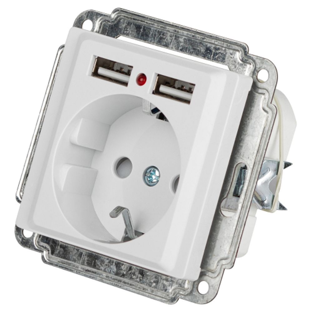 Розетка Intro Accent 6-410-01 с заземлением 2P+E Schuko со шторками 16А-250В + 2хUSB IP20 СУ белый